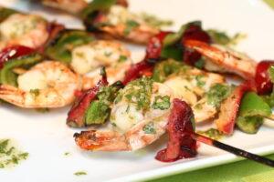 bbq shrimp skewers with peppers and plums