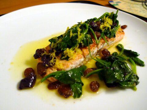 Salmon with Spinach, Olives, Sultanas & Lemon Butter